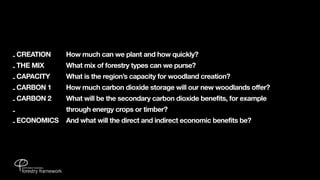 - CREATION 	 	   How much can we plant and how quickly?
- THE MIX	 	
         	       What mix of forestry types can we purse?
- CAPACITY
 
    What is the region’s capacity for woodland creation?
- CARBON 1	 	    How much carbon dioxide storage will our new woodlands offer?
- CARBON 2	 	    What will be the secondary carbon dioxide benefits, for example 	
-	 	 	 	 	       through energy crops or timber?
- ECONOMICS	 And what will the direct and indirect economic benefits be?
 
