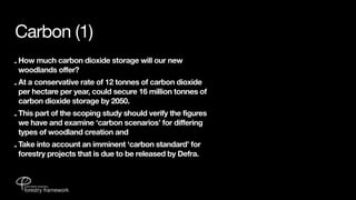 Carbon (1)
- How much carbon dioxide storage will our new
  woodlands offer?
- At a conservative rate of 12 tonnes of carbon dioxide
  per hectare per year, could secure 16 million tonnes of
  carbon dioxide storage by 2050.
- This part of the scoping study should verify the figures
  we have and examine ‘carbon scenarios’ for differing
  types of woodland creation and
- Take into account an imminent ‘carbon standard’ for
  forestry projects that is due to be released by Defra.
 