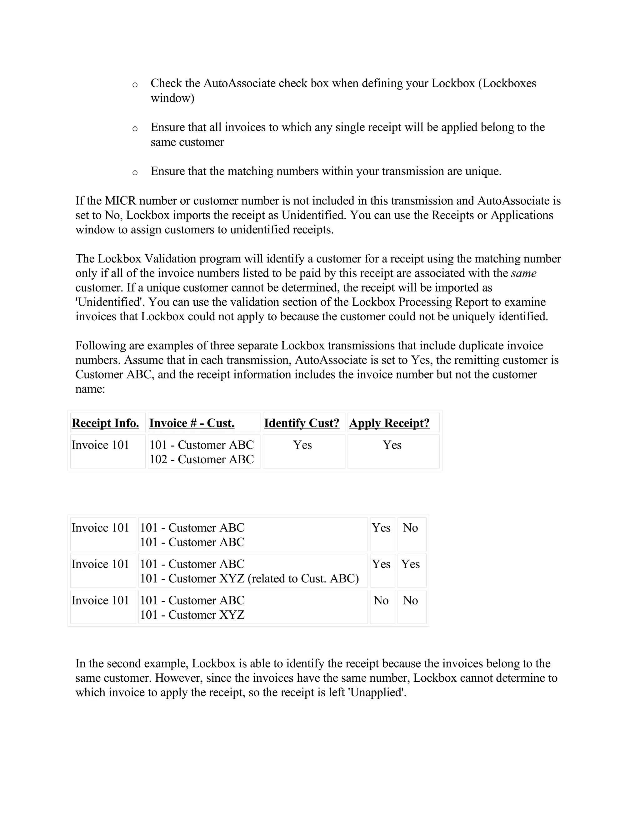 o   Check the AutoAssociate check box when defining your Lockbox (Lockboxes
                  window)

              o   Ensure that all invoices to which any single receipt will be applied belong to the
                  same customer

              o   Ensure that the matching numbers within your transmission are unique.

If the MICR number or customer number is not included in this transmission and AutoAssociate is
set to No, Lockbox imports the receipt as Unidentified. You can use the Receipts or Applications
window to assign customers to unidentified receipts.

The Lockbox Validation program will identify a customer for a receipt using the matching number
only if all of the invoice numbers listed to be paid by this receipt are associated with the same
customer. If a unique customer cannot be determined, the receipt will be imported as
'Unidentified'. You can use the validation section of the Lockbox Processing Report to examine
invoices that Lockbox could not apply to because the customer could not be uniquely identified.

Following are examples of three separate Lockbox transmissions that include duplicate invoice
numbers. Assume that in each transmission, AutoAssociate is set to Yes, the remitting customer is
Customer ABC, and the receipt information includes the invoice number but not the customer
name:

Receipt Info. Invoice # - Cust.          Identify Cust? Apply Receipt?
Invoice 101       101 - Customer ABC           Yes                Yes
                  102 - Customer ABC




Invoice 101 101 - Customer ABC                                 Yes No
            101 - Customer ABC
Invoice 101 101 - Customer ABC                                 Yes Yes
            101 - Customer XYZ (related to Cust. ABC)
Invoice 101 101 - Customer ABC                                  No      No
            101 - Customer XYZ


In the second example, Lockbox is able to identify the receipt because the invoices belong to the
same customer. However, since the invoices have the same number, Lockbox cannot determine to
which invoice to apply the receipt, so the receipt is left 'Unapplied'.
 