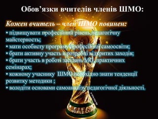 Обов’язки вчителів членів ШМО:
Кожен вчитель – член ШМО повинен:
• підвищувати професійний рівень,педагогічну
майстерность;
• мати особисту програму професійної самоосвіти;
• брати активну участь в розробці відкритих заходів;
• брати участь в роботі засідань МО, практичних
семінарах;
• кожному учаснику ШМО необхідно знати тенденції
розвитку методики ;
• володіти основами самоаналізу педагогічної діяльності.

 