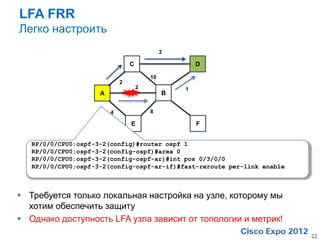 LFA FRR
Легко настроить
                                              2

                                 C                    D

                                         10
                             2
                                     2            1
                     A                        B


                         4               8

                                 E                    F


   RP/0/0/CPU0:ospf-3-2(config)#router ospf 1
   RP/0/0/CPU0:ospf-3-2(config-ospf)#area 0
   RP/0/0/CPU0:ospf-3-2(config-ospf-ar)#int pos 0/3/0/0
   RP/0/0/CPU0:ospf-3-2(config-ospf-ar-if)#fast-reroute per-link enable



 Требуется только локальная настройка на узле, которому мы
  хотим обеспечить защиту
 Однако доступность LFA узла зависит от топологии и метрик!
                                                                          22
 
