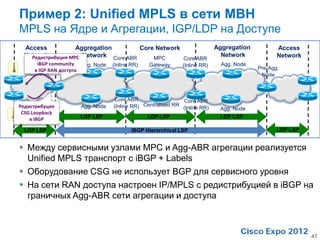 Пример 2: Unified MPLS в сети MBH
MPLS на Ядре и Агрегации, IGP/LDP на Доступе
 Access            Aggregation        Core Network                        Aggregation          Access
   Редистрибуция MPC Network Core ABR
 Network                                  MPC
                                                                            Network            Network
    Pre-Agg.                                       Core ABR
      iBGP community Agg. Node   (Inline RR)   Gateway      (Inline RR)     Agg. Node
        Node
     в IGP RAN доступа                                                                  Pre-Agg.
                                                                                         Node



                                 Core ABR                   Core ABR
Редистрибуция        Agg. Node   (Inline RR) Centralised RR (Inline RR)    Agg. Node
 CSG Loopback
    в iBGP           LDP LSP                   LDP LSP                     LDP LSP

 LDP LSP                                 iBGP Hierarchical LSP                                 LDP LSP


 Между сервисными узлами MPC и Agg-ABR агрегации реализуется
  Unified MPLS транспорт с iBGP + Labels
 Оборудование CSG не использует BGP для сервисного уровня
 На сети RAN доступа настроен IP/MPLS с редистрибуцией в iBGP на
  граничных Agg-ABR сети агрегации и доступа



                                                                                                         47
 
