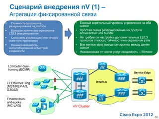 Сценарий внедрения nV (1) –
     Агрегация фиксированной связи
   Сложность протоколов                •   Единый виртуальный уровень управления на оба
  резервирования на доступе                 шасси
 Большое количество протоколов         •   Простая схема резервирования на доступе
  L2/L3 резервирования                      active/active Link bundle
 Сложность реализации inter-chassis    •   Не требуется настройка дополнительных L2/L3
  state-sync протоколов                     проколов отказоустойчивости на сервисном узле
 Взаимозависимость                     •   Все service state всегда синхронны между двумя
  масштабирования и быстрой                 шасси
  сходимости                            •   Независимая от числа услуг сходимость – 50msec



    L3 Router dual-
    homing (ECMP)
                                                                              Service Edge


    L2 Ethernet Ring                                  IP/MPLS
    (MST/REP-AG,
    G.8032)

    Ethernet hub-
    and-spoke
    (MC-LAG)                           nV Cluster


                                                                                             50
 