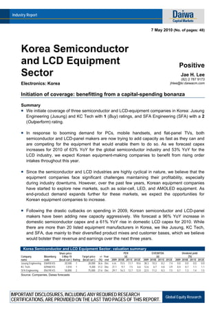 Industry Report


                                                                                                                        7 May 2010 (No. of pages: 48)




     Korea Semiconductor
     and LCD Equipment                                                                                                                         Positive
     Sector                                                                                                                                         Jae H. Lee
                                                                                                                                              (82) 2 787 9173
     Electronics: Korea                                                                                                                 jhlee@kr.daiwacm.com


     Initiation of coverage: benefitting from a capital-spending bonanza

     Summary
       We initiate coverage of three semiconductor and LCD-equipment companies in Korea: Jusung
       Engineering (Jusung) and KC Tech with 1 (Buy) ratings, and SFA Engineering (SFA) with a 2
       (Outperform) rating.

         In response to booming demand for PCs, mobile handsets, and flat-panel TVs, both
         semiconductor and LCD-panel makers are now trying to add capacity as fast as they can and
         are competing for the equipment that would enable them to do so. As we forecast capex
         increases for 2010 of 63% YoY for the global semiconductor industry and 53% YoY for the
         LCD industry, we expect Korean equipment-making companies to benefit from rising order
         intakes throughout this year.

         Since the semiconductor and LCD industries are highly cyclical in nature, we believe that the
         equipment companies face significant challenges maintaining their profitability, especially
         during industry downturns. However, over the past few years, Korean equipment companies
         have started to explore new markets, such as solar-cell, LED, and AMOLED equipment. As
         end-product demand expands further for these markets, we expect the opportunities for
         Korean equipment companies to increase.

         Following the drastic cutbacks on spending in 2009, Korean semiconductor and LCD-panel
         makers have been adding new capacity aggressively. We forecast a 96% YoY increase in
         domestic semiconductor capex and a 61% YoY rise in domestic LCD capex for 2010. While
         there are more than 20 listed equipment manufacturers in Korea, we like Jusung, KC Tech,
         and SFA, due mainly to their diversified product mixes and customer bases, which we believe
         would bolster their revenue and earnings over the next three years.

      Korea Semiconductor and LCD Equipment Sector: valuation summary
                                      Share price                                                PER                     EV/EBITDA                  Dividend yield
     Company              Bloomberg      3-May-10          Target price   +/- Year                (x)                         (x)                         (%)
     name                 code        (local curr.) Rating (local curr.) (%) end     2009   2010E 2011E 2012E    2009   2010E 2011E 2012E    2009   2010E 2011E 2012E
     Jusung Engineering   036930 KS        20,500     1         28,000 36.6 Dec      n.m.     15.5 11.7 10.6     38.3     10.3    8.2  7.4    0.0      0.0    0.0  0.0
     KC Tech              029460 KS          7,010    1           9,200 31.2 Dec     21.1      9.7    7.5  6.6   12.6      6.7    4.8  3.9    0.4      0.7    1.1  1.1
     SFA Engineering      056190 KS        58,800     2         75,000 27.6 Dec      29.7     16.3 12.7 12.0     22.5     11.2    8.3  7.5    0.7      1.3    1.4  1.5
     Source: Companies, Daiwa forecasts




IMPORTANT DISCLOSURES, INCLUDING ANY REQUIRED RESEARCH                                                                              Global Equity Research
CERTIFICATIONS, ARE PROVIDED ON THE LAST TWO PAGES OF THIS REPORT.
 
