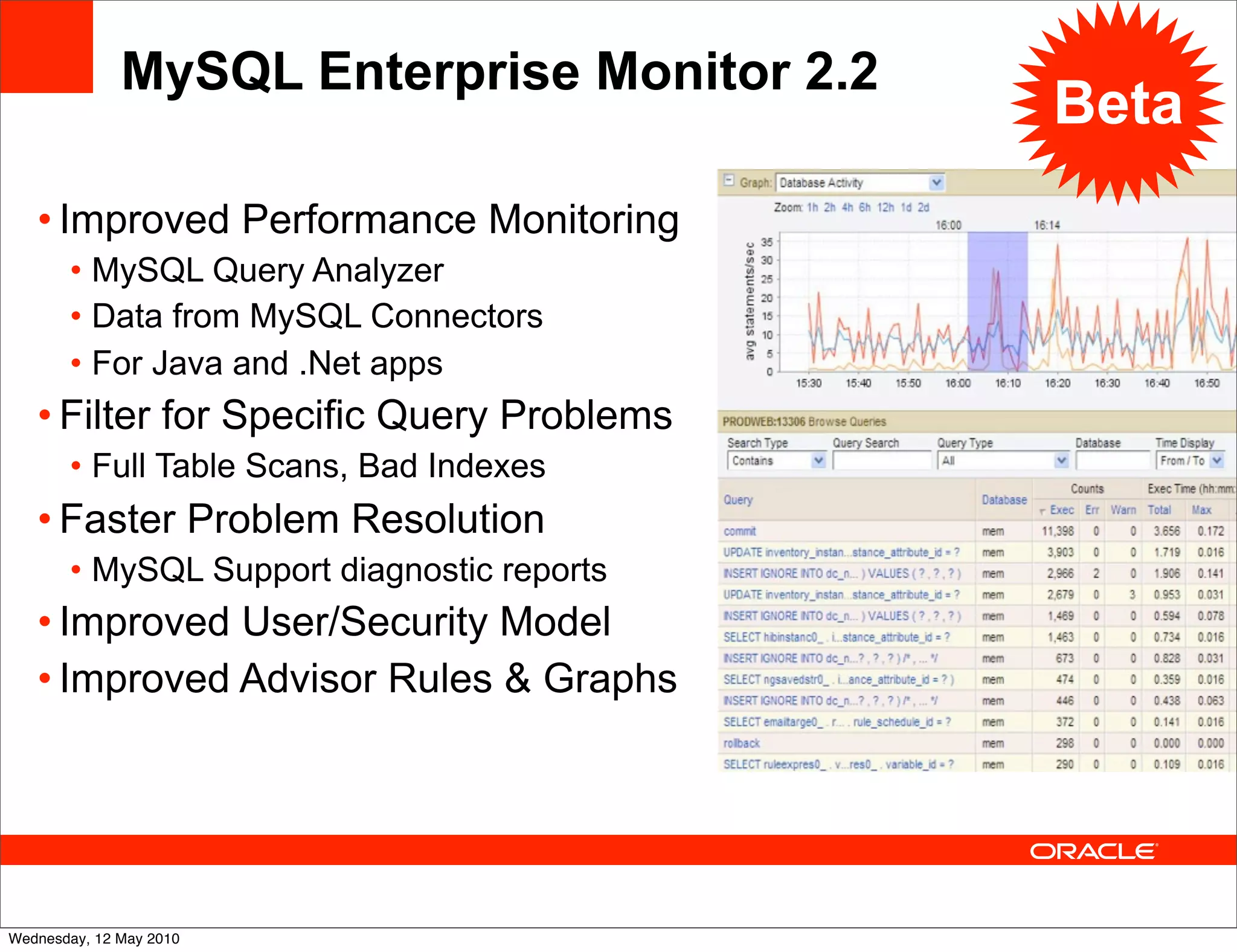 MySQL Enterprise Monitor 2.2
                                             Beta
   • Improved Performance Monitoring
       • MySQL Query Analyzer
       • Data from MySQL Connectors
       • For Java and .Net apps
   • Filter for Specific Query Problems
       • Full Table Scans, Bad Indexes
   • Faster Problem Resolution
       • MySQL Support diagnostic reports
   • Improved User/Security Model
   • Improved Advisor Rules & Graphs




Wednesday, 12 May 2010
 
