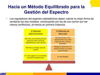 Hacia un Método Equilibrado para la
           Gestión del Espectro
   Los reguladores del espectro radioeléctrico deben valorar la mejor forma de
    combinar los tres modelos, comenzando por los de uso común por ser
    menos conflictivos, al menos en primera instancia.

                        El Método                   El Método de
                      Administrativo                   Mercado
                                                  Permite ajustar mas
                 Permite una reatribución del
                                                 rápidamente el uso del
                    espectro entre servicios
                                                  espectro con criterios
                  radioeléctricos más sencilla
                                                       definidos.
                                                 Delega las decisiones en
                  Permite un mayor nivel de
                                                 quienes tienen un mejor
                           control
                                                      conocimiento

                 Es "más seguro" en el sentido
                                                     Es más flexible
                     de evitar interferencias
 