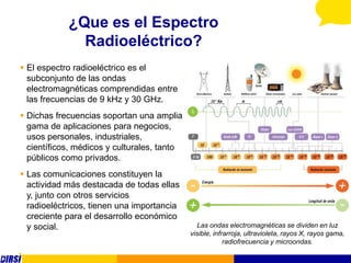 ¿Que es el Espectro
              Radioeléctrico?
 El espectro radioeléctrico es el
  subconjunto de las ondas
  electromagnéticas comprendidas entre
  las frecuencias de 9 kHz y 30 GHz.
 Dichas frecuencias soportan una amplia
  gama de aplicaciones para negocios,
  usos personales, industriales,
  científicos, médicos y culturales, tanto
  públicos como privados.
 Las comunicaciones constituyen la
  actividad más destacada de todas ellas
  y, junto con otros servicios
  radioeléctricos, tienen una importancia
  creciente para el desarrollo económico
  y social.                                     Las ondas electromagnéticas se dividen en luz
                                             visible, infrarroja, ultravioleta, rayos X, rayos gama,
                                                          radiofrecuencia y microondas.
 