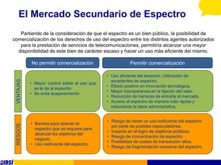 El Mercado Secundario de Espectro
   Partiendo de la consideración de que el espectro es un bien público, la posibilidad de
comercialización de los derechos de uso del espectro entre los distintos agentes autorizados
   para la prestación de servicios de telecomunicaciones, permitiría alcanzar una mayor
  disponibilidad de este bien de carácter escaso y hacer un uso más eficiente del mismo.

            No permitir comercialización                  Permitir comercialización

                                               • Uso eficiente del espectro. Utilización de
 VENTAJAS




                                                 excedentes de espectro.
            • Mayor control sobre el uso que
                                               • Efecto positivo en innovación tecnológica.
              se le da al espectro
                                               • Mayor transparencia en la fijación del valor.
            • Se evita acaparamiento
                                               • Reducción de barreras de entrada al mercado.
                                               • Acceso al espectro de manera más rápida y
                                                 reduciendo la labor administrativa.


                                               • Riesgo de hacer un uso ineficiente del espectro
            • Barrera para obtener el
 RIESGOS




                                                 por parte de posibles especuladores.
              espectro que se requiere para
                                               • Impacto en el logro de objetivos públicos.
              alcanzar los objetivos del
                                               • Riesgo de concentración de espectro.
              negocio.
                                               • Posibilidad de costes de transacción altos.
            • Uso ineficiente del espectro.
                                               • Riesgo de fragmentación excesiva del espectro.
 