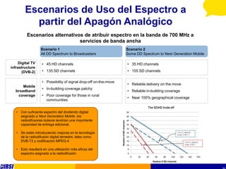 Escenarios de Uso del Espectro a
          partir del Apagón Analógico
         Escenarios alternativos de atribuir espectro en la banda de 700 MHz a
                               servicios de banda ancha
                  Scenario 1                                      Scenario 2
                  All DD Spectrum to Broadcasters                 Some DD Spectrum to Next Generation Mobile

     Digital TV    • 45 HD channels                               • 35 HD channels
infrastructure
       (DVB-2)     • 135 SD channels                              • 105 SD channels

                   • Possibility of signal drop-off on-the-move
                                                                  • Reliable delivery on the move
       Mobile
                   • In-building coverage patchy
   broadband                                                      • Reliable in-building coverage
    coverage       • Poor coverage for those in rural
                                                                  • Near 100% geographical coverage
                     communities


   • Con suficiente espectro del dividendo digital
     asignado a Next Generation Mobile, los
     radiodifusores todavía tendrían una importante
     capacidad de entrega adicional.

   • Se están introduciendo mejoras en la tecnología
     de la radiodifusión digital terrestre, tales como
     DVB-T2 y codificación MPEG-4

   • Esto resultará en una utilización más eficaz del
     espectro asignado a la radiodifusión
 
