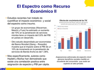 El Espectro como Recurso
                Económico II
 Estudios recientes han tratado de
  cuantificar el impacto económico y social
  del espectro como insumo.
   • Un grupo de economistas (Waverman,
     Meschi y Fuss) ha estimado un aumento
     del 10% en la penetración de servicios
     móviles tiene un impacto del 0.6% del PBI
     en países en desarrollo.
   • Otro estudio desarrollado por economistas
     del Banco Mundial (Qiang – Rossotto)
     muestra que el impacto sobre el PBI de un
     10% de incremento en la penetración de
     servicios de Banda Ancha es del 1.38%.

 Mas específicamente, autores como              Asignaciones adicionales de espectro móvil
  Hazlett y Muñoz han demostrado que               generan beneficios sociales medido en
  existe una correlación positiva entre           excedente del consumidor que suele ser
                                                          superior al valor privado.
  asignación de espectro y PBI per cápita.
 