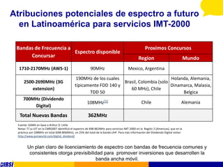 Atribuciones potenciales de espectro a futuro
  en Latinoamérica para servicios IMT-2000

 Bandas de Frecuencia a                                                                             Proximos Concursos
                        Espectro disponible
      Concursar                                                                                Region                                Mundo
  1710-2170MHz (AWS-1)                                    90MHz                        Mexico, Argentina

                                              190MHz de los cuales                        Holanda, Alemania,
     2500-2690MHz (3G                                              Brasil, Colombia (solo
                                             típicamente FDD 140 y                        Dinamarca, Malasia,
         extension)                                                   60 MHz), Chile
                                                    TDD 50                                     Belgica
     700MHz (Dividendo
                                                       108MHz[1]                                  Chile                          Alemania
         Digital)
  Total Nuevas Bandas                                   362MHz
 Fuente: GSMA en base a Arthur D. Little
 Notas: [1] La UIT en la CMR2007 identificó el espectro de 698-862MHz para servicios IMT-2000 en la Región 2 (Americas), que en la
 práctica son 108MHz en total (698-806MHz), un 25% del total de la banda UHF. Para más información del Dividendo Digital visitar:
 http://www.gsmworld.com/digital_dividend/


        Un plan claro de licenciamiento de espectro con bandas de frecuencia comunes y
         consistentes otorga previsibilidad para promover inversiones que desarrollen la
                                        banda ancha móvil.
 