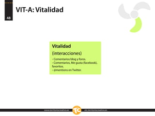 VIT-A: Vitalidad
48




                     Vitalidad
                     (interacciones)
                     - Comentarios blog y foros.
                     - Comentarios, Me gusta (facebook),
                     favoritos.
                     - @mentions en Twitter.




              www.territoriocreativo.es       etc.territoriocreativo.es
 
