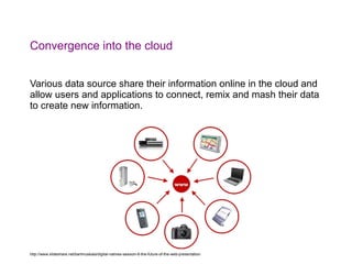 Convergence into the cloud <ul><li>Various data source share their information online in the cloud and allow users and app...