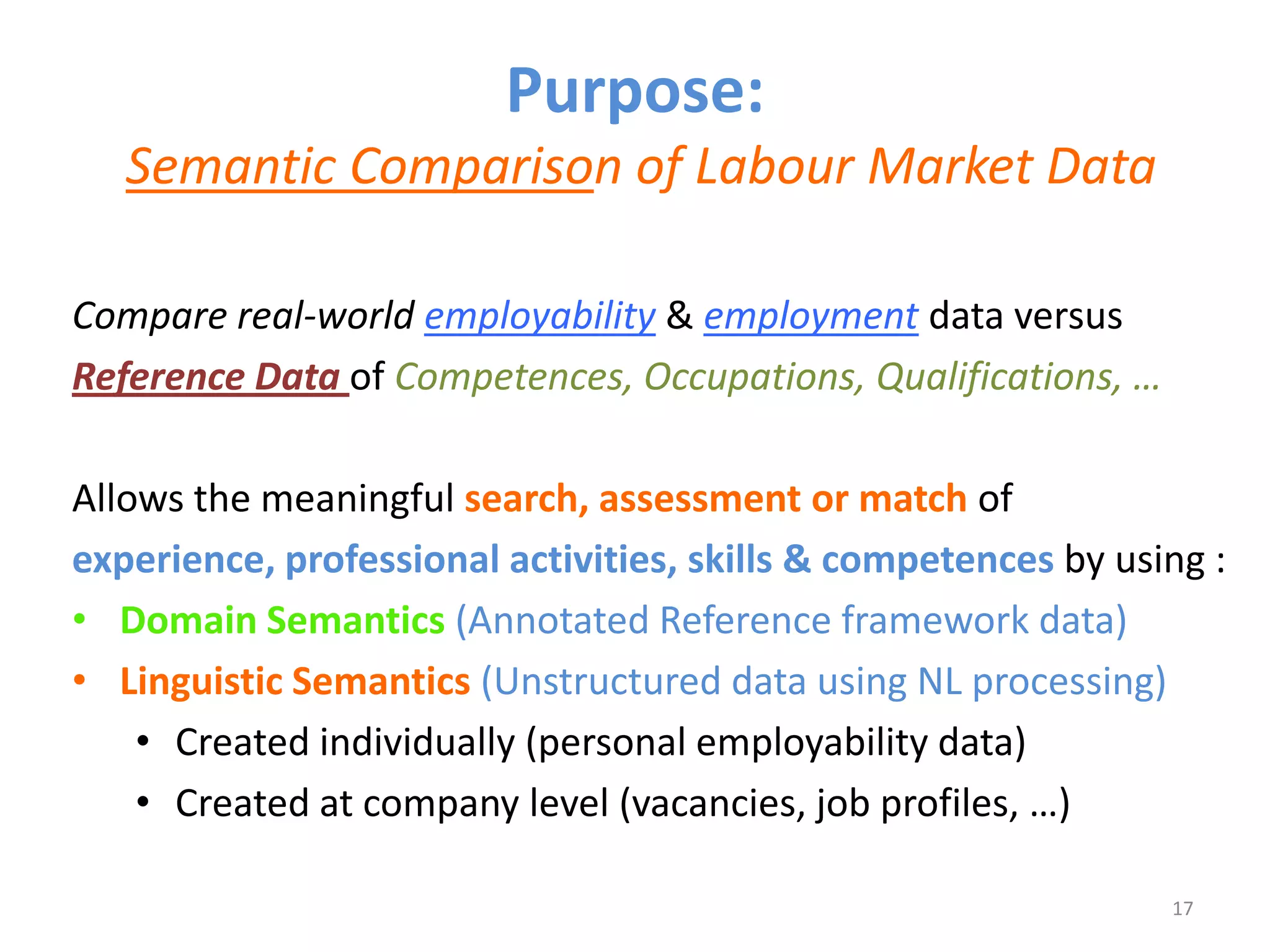 Purpose:
   Semantic Comparison of Labour Market Data

Compare real-world employability & employment data versus
Reference Data of Competences, Occupations, Qualifications, …

Allows the meaningful search, assessment or match of
experience, professional activities, skills & competences by using :
• Domain Semantics (Annotated Reference framework data)
• Linguistic Semantics (Unstructured data using NL processing)
    • Created individually (personal employability data)
    • Created at company level (vacancies, job profiles, …)

                                                                17
 