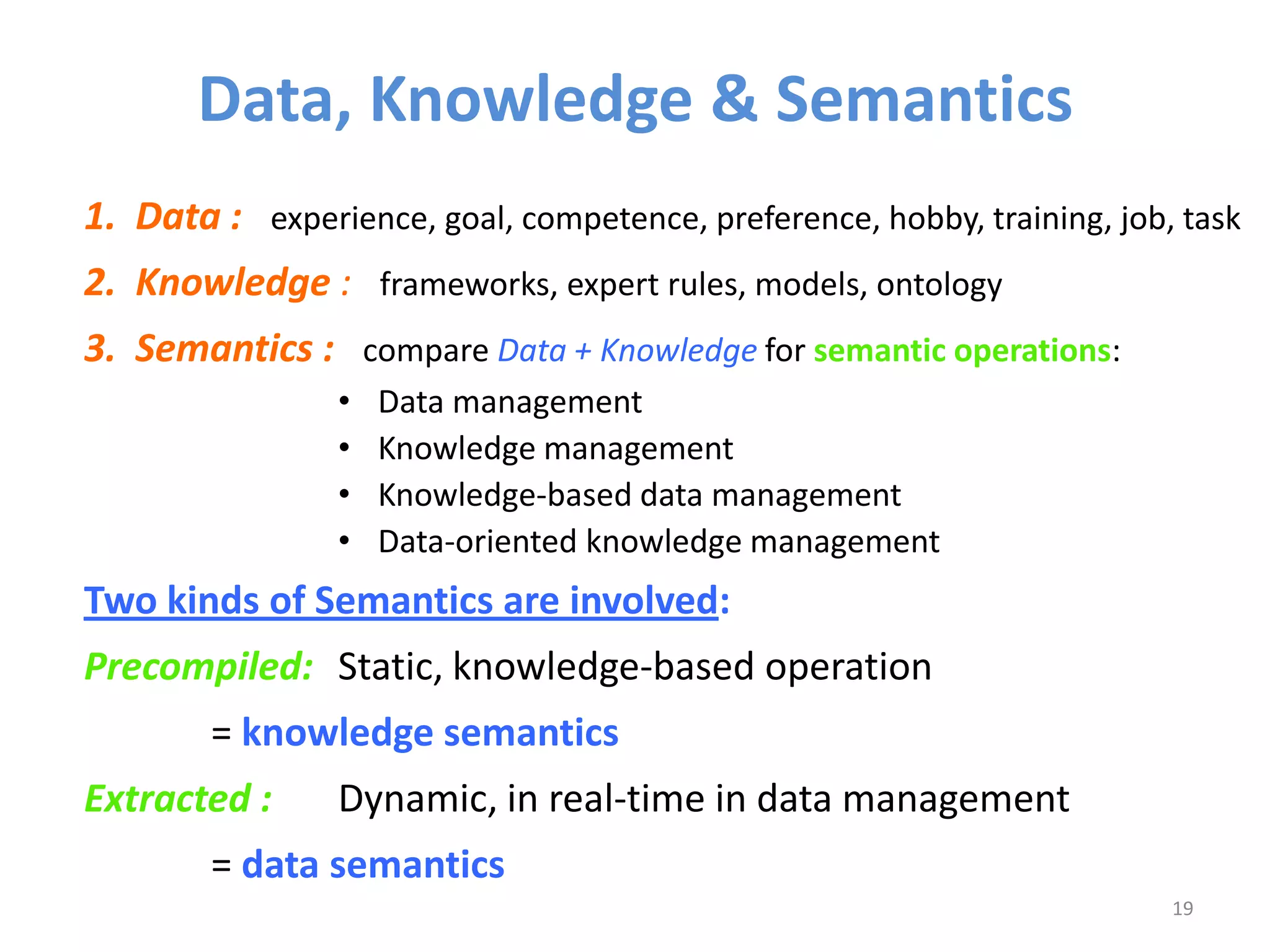 Data, Knowledge & Semantics
1. Data : experience, goal, competence, preference, hobby, training, job, task
2. Knowledge : frameworks, expert rules, models, ontology
3. Semantics : compare Data + Knowledge for semantic operations:
                 •   Data management
                 •   Knowledge management
                 •   Knowledge-based data management
                 •   Data-oriented knowledge management
Two kinds of Semantics are involved:
Precompiled: Static, knowledge-based operation
        = knowledge semantics
Extracted :      Dynamic, in real-time in data management
        = data semantics
                                                                         19
 