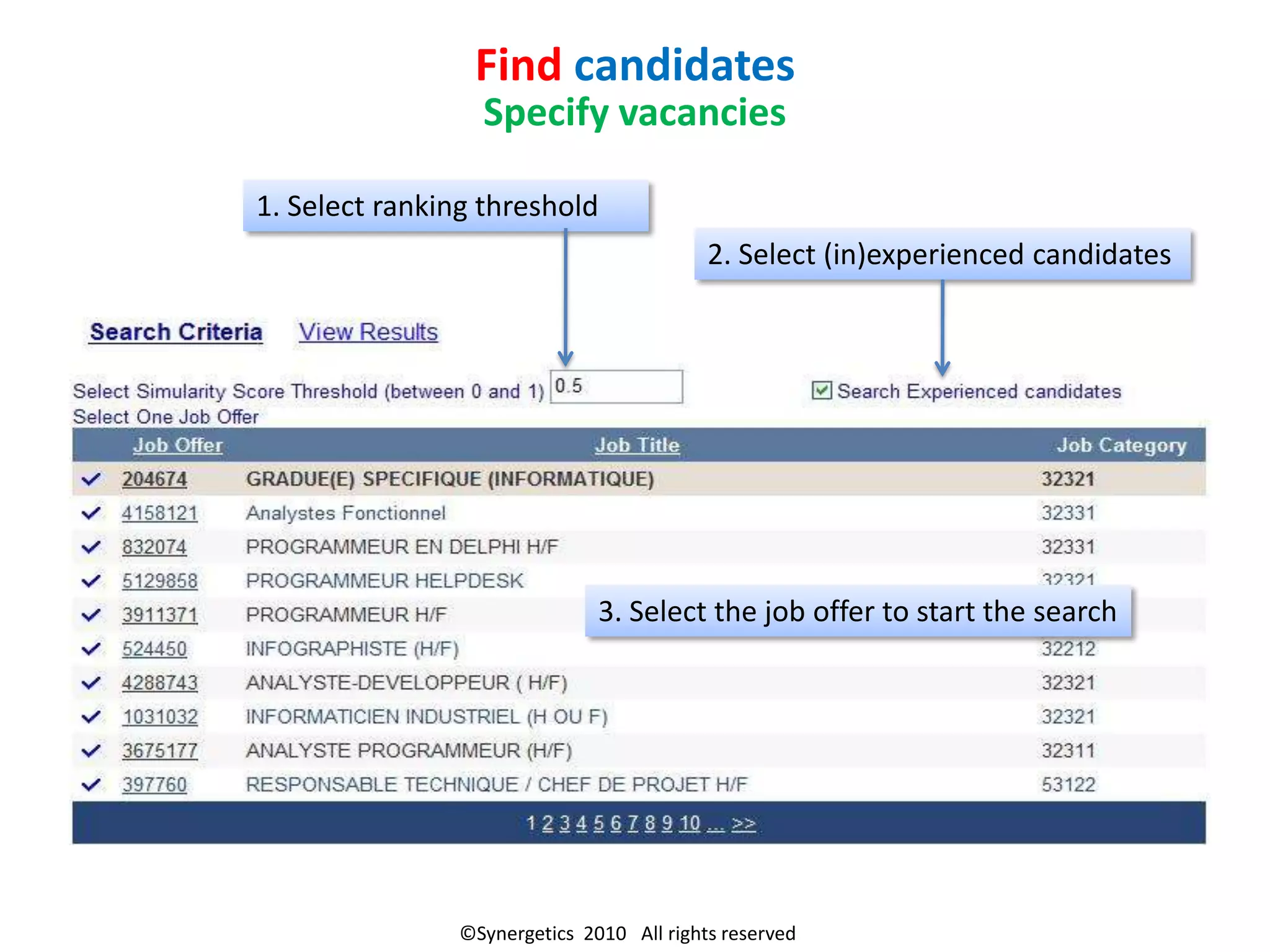 Find candidates
                  Specify vacancies

1. Select ranking threshold
                                           2. Select (in)experienced candidates




                               3. Select the job offer to start the search




                ©Synergetics 2010 All rights reserved
 