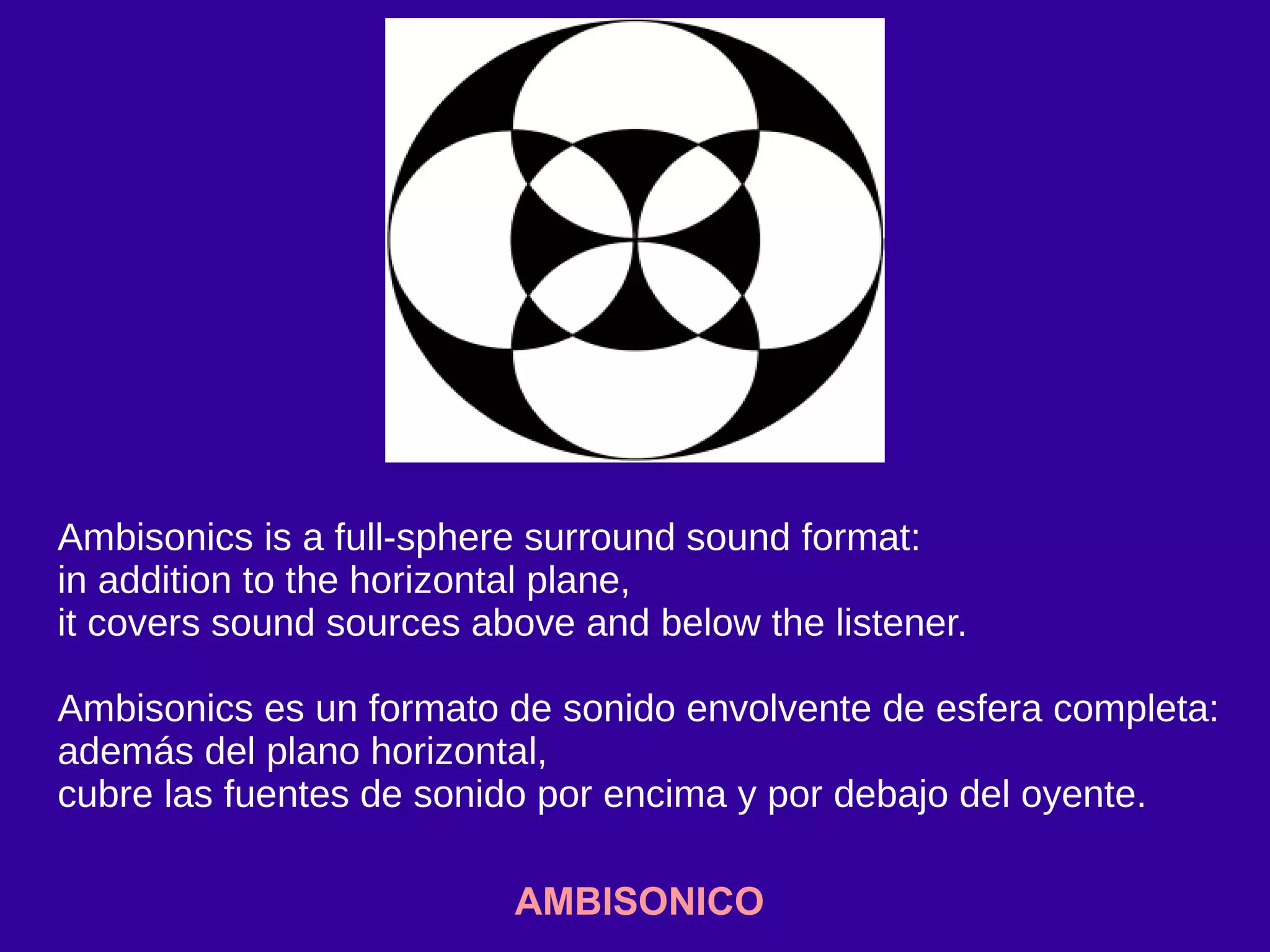 AMBISONICO
Ambisonics is a full-sphere surround sound format:
in addition to the horizontal plane,
it covers sound sources above and below the listener.
Ambisonics es un formato de sonido envolvente de esfera completa:
además del plano horizontal,
cubre las fuentes de sonido por encima y por debajo del oyente.
 