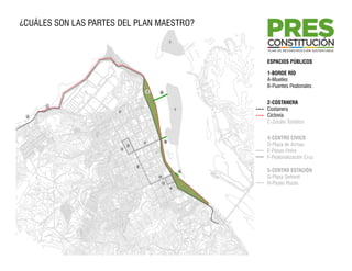 ¿CUÁLES SON LAS PARTES DEL PLAN MAESTRO?
                                                   1




                                                               ESPACIOS PÚBLICOS

                                                               1-BORDE RÍO
                                                               A-Muelles
                                                               B-Puentes P t l
                                                               B P t Peatonales
                                       1   B

                                                               2-COSTANERA
      C
                      F
                                                       1       Costanera
 2                                                             Ciclovía
                                                               C-Zócalo Turístico


                                                               4-CENTRO CÍVICO
                                               B
                           D
                                   F
                                                               D-Plaza de Armas
                       3
                                                               E-Paseo Freire
                                                                  aseo e e
                                                               F-Peatonalización Cruz
                               E
                                                           A   5-CENTRO ESTACIÓN
                                           H                   G-Plaza Señoret
                                               G               H-Paseo Rozas
                                                   4
 
