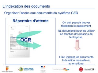 Organiser l’accès aux documents du système GED On doit pouvoir trouver  facilement  et  rapidement   les documents pour les utiliser en fonction des besoins de l’entreprise.  Il faut  indexer  les documents. Indexation manuelle ou automatique. L’indexation des documents OCR Répertoire d’attente 