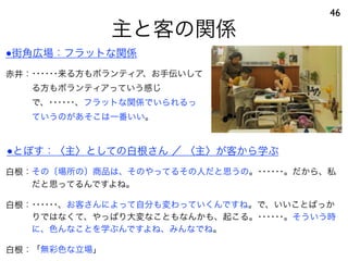 主と客の関係
46
赤井：･･････来る方もボランティア、お手伝いして
る方もボランティアっていう感じ
で、･･････、フラットな関係でいられるっ
ていうのがあそこは一番いい。
白根：その〔場所の〕商品は、そのやってるその人だと思うの。･･････。だから、私
だと思ってるんですよね。
白根：･･････、お客さんによって自分も変わっていくんですね。で、いいことばっか
りではなくて、やっぱり大変なこともなんかも、起こる。･･････。そういう時
に、色んなことを学ぶんですよね、みんなでね。
白根：「無彩色な立場」
●街角広場：フラットな関係
●とぽす：〈主〉としての白根さん ／ 〈主〉が客から学ぶ
 