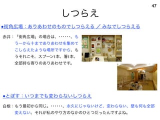しつらえ
47
赤井：「街角広場」の場合は、･･････、も
う一から十までありあわせを集めて
こしらえたような場所ですから、も
うそれこそ、スプーン1本、 1本、
全部持ち寄りのありあわせです。
●街角広場：ありあわせのものでしつらえる ／ みなでしつらえる
白根：もう最初から同じ。･･････、永久にじゃないけど、変わらない、壁も何も全部
変えない、それが私のやり方のなかのひとつだったんですよね。
●とぽす：いつまでも変わらないしつらえ
 