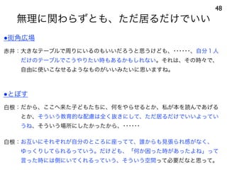 無理に関わらずとも、ただ居るだけでいい
48
白根：だから、ここへ来た子どもたちに、何をやらせるとか、私が本を読んであげる
とか、そういう教育的な配慮は全く抜きにして、ただ居るだけでいいよってい
うね、そういう場所にしたかったから、･･････
白根：お互いにそれぞれが自分のところに座ってて、誰からも見張られ感がなく、
ゆっくりしてられるっていう。だけども、「何か困った時があったよね」って
言った時には側にいてくれるっていう、そういう空間って必要だなと思って。
●とぽす
●街角広場
赤井：大きなテーブルで周りにいるのもいいだろうと思うけども、･･････、自分１人
だけのテーブルでこうやりたい時もあるかもしれない。それは、その時々で、
自由に使いこなせるようなものがいいみたいに思いますね。
 