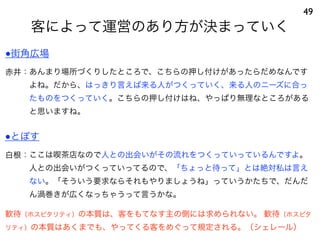 客によって運営のあり方が決まっていく
49
白根：ここは喫茶店なので人との出会いがその流れをつくっていっているんですよ。
人との出会いがつくっていってるので、「ちょっと待って」とは絶対私は言え
ない。「そういう要求ならそれもやりましょうね」っていうかたちで、だんだ
ん渦巻きが広くなっちゃうって言うかな。
●とぽす
●街角広場
赤井：あんまり場所づくりしたところで、こちらの押し付けがあったらだめなんです
よね。だから、はっきり言えば来る人がつくっていく、来る人のニーズに合っ
たものをつくっていく。こちらの押し付けはね、やっぱり無理なところがある
と思いますね。
歓待〔ホスピタリティ〕の本質は、客をもてなす主の側には求められない。 歓待〔ホスピタ
リティ〕の本質はあくまでも、やってくる客をめぐって規定される。（シェレール）
 