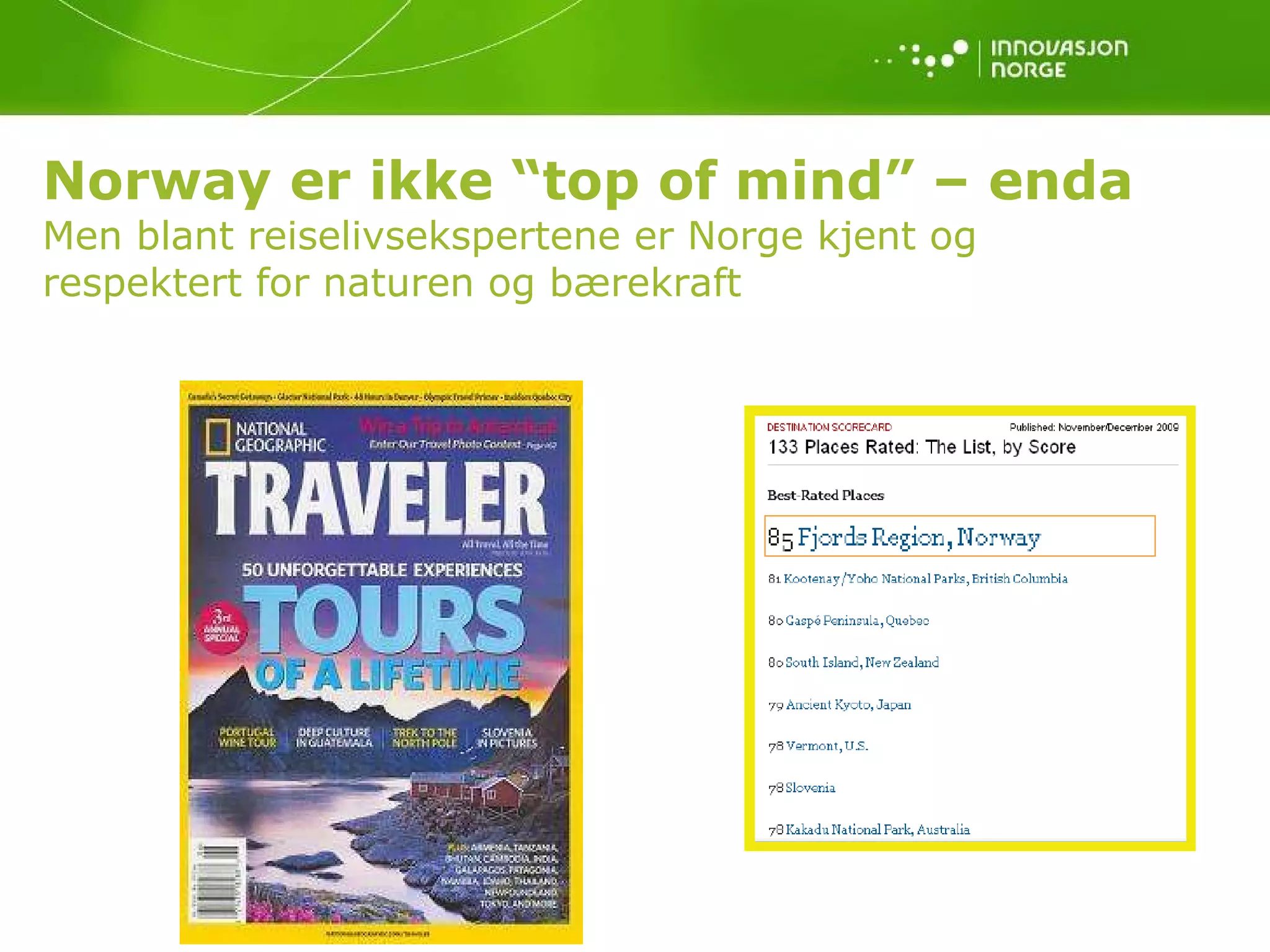 Norway er ikke “top of mind” – enda Men blant reiselivsekspertene er Norge kjent og respektert for naturen og bærekraft 