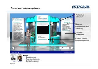 Stand von arvato systems

                                 Podcast via
                                 ustream.tv



                                 Über uns:
                                 Firmeneintrag, Bild,
                                 Verlinkung

                                 Empfang:
                                 Imagevideo

                                 Kontakt: Visiten-
                                 karten hinterlassen




             Besucher und
             Repräsentanten in
             Echtzeit anzeigen
Page   19
 