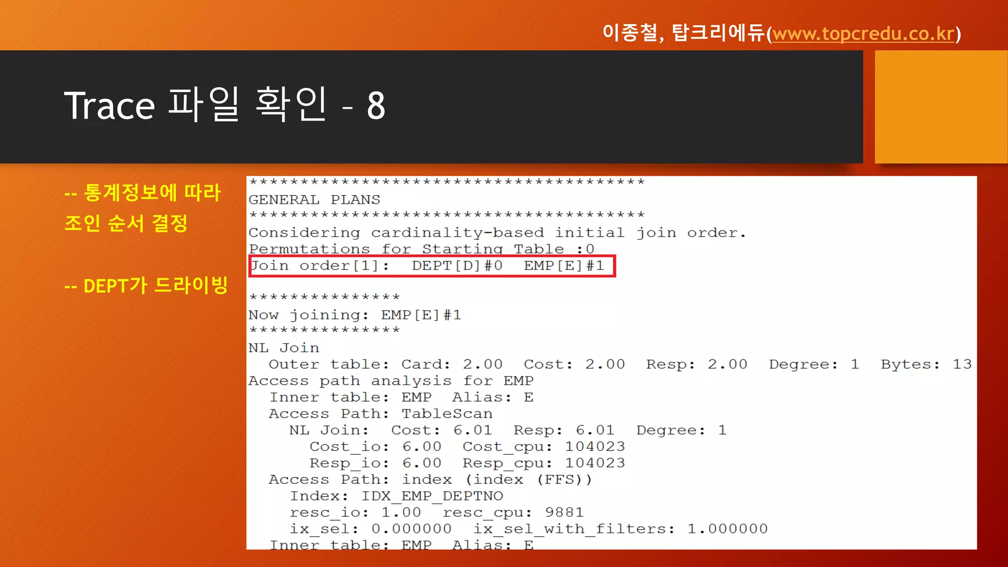 Trace 파일 확인 – 8
-- 통계정보에 따라
조인 순서 결정
-- DEPT가 드라이빙
이종철, 탑크리에듀(www.topcredu.co.kr)
 