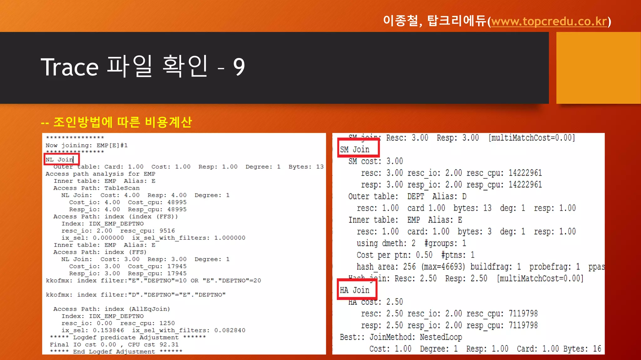 Trace 파일 확인 – 9
-- 조인방법에 따른 비용계산
이종철, 탑크리에듀(www.topcredu.co.kr)
 
