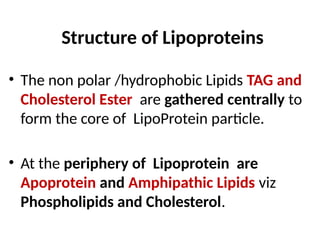 Structure of Lipoproteins
• The non polar /hydrophobic Lipids TAG and
Cholesterol Ester are gathered centrally to
form the core of LipoProtein particle.
• At the periphery of Lipoprotein are
Apoprotein and Amphipathic Lipids viz
Phospholipids and Cholesterol.
 