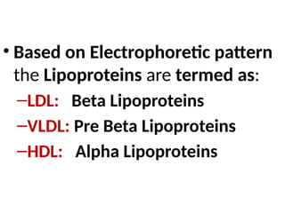 • Based on Electrophoretic pattern
the Lipoproteins are termed as:
–LDL: Beta Lipoproteins
–VLDL: Pre Beta Lipoproteins
–HDL: Alpha Lipoproteins
 