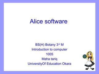 Alice software 
BS(H) Botany 3rd M 
Introduction to computer 
1005 
Maha tariq 
UniversityOf Education Okara 
 