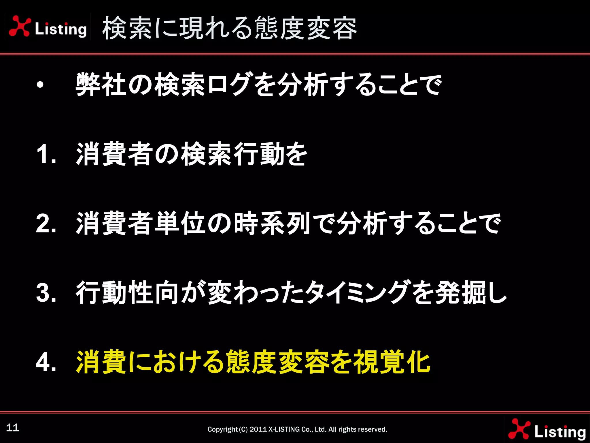 検索に現れる態度変容

     •   弊社の検索ログを分析することで

     1. 消費者の検索行動を

     2. 消費者単位の時系列で分析することで

     3. 行動性向が変わったタイミングを発掘し

     4. 消費における態度変容を視覚化

11            Copyright (C) 2011 X-LISTING Co., Ltd. All rights reserved.
 