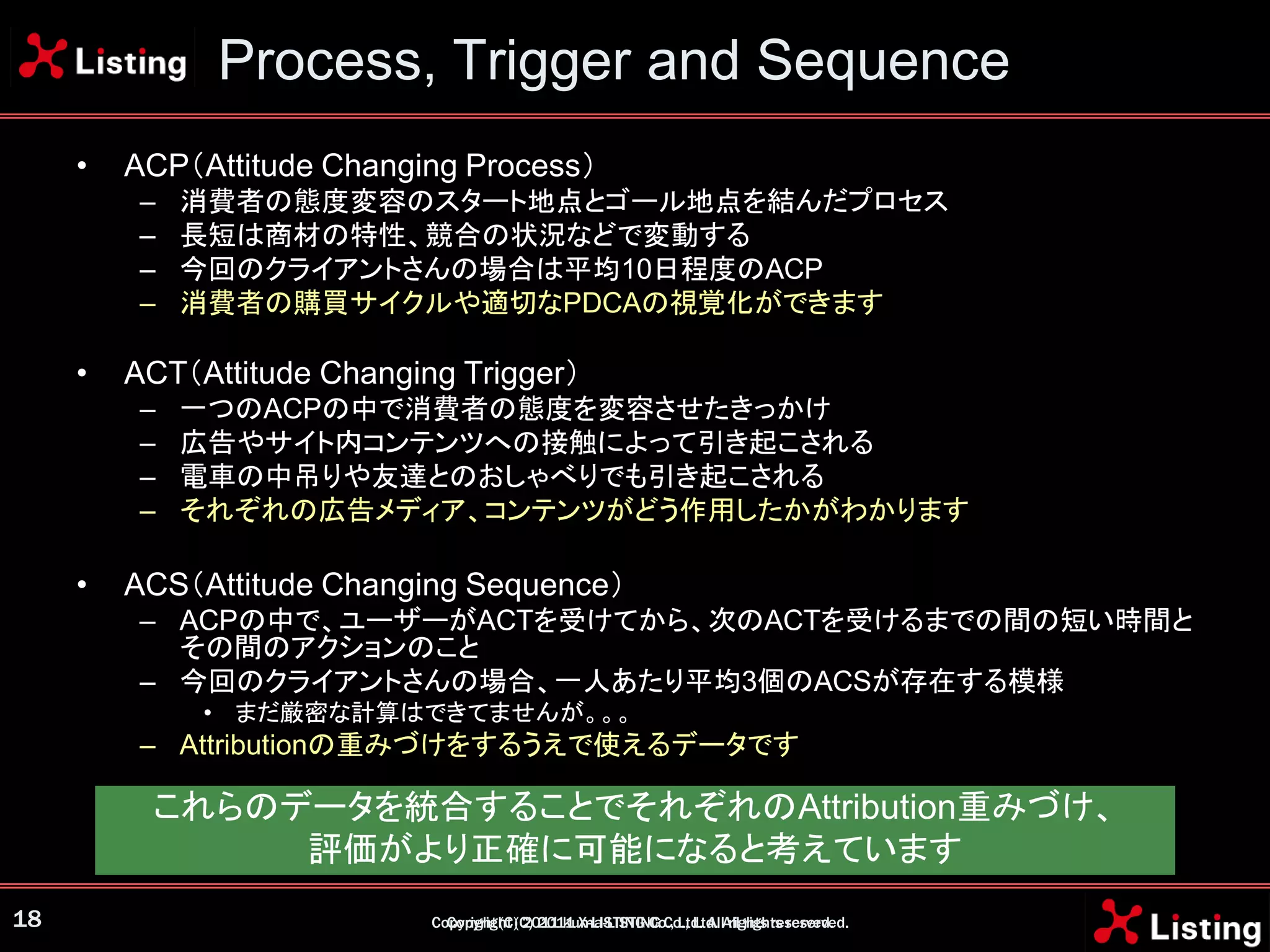 Process, Trigger and Sequence
     •   ACP（Attitude Changing Process）
          –   消費者の態度変容のスタート地点とゴール地点を結んだプロセス
          –   長短は商材の特性、競合の状況などで変動する
          –   今回のクライアントさんの場合は平均10日程度のACP
          –   消費者の購買サイクルや適切なPDCAの視覚化ができます

     •   ACT（Attitude Changing Trigger）
          –   一つのACPの中で消費者の態度を変容させたきっかけ
          –   広告やサイト内コンテンツへの接触によって引き起こされる
          –   電車の中吊りや友達とのおしゃべりでも引き起こされる
          –   それぞれの広告メディア、コンテンツがどう作用したかがわかります

     •   ACS（Attitude Changing Sequence）
          – ACPの中で、ユーザーがACTを受けてから、次のACTを受けるまでの間の短い時間と
            その間のアクションのこと
          – 今回のクライアントさんの場合、一人あたり平均3個のACSが存在する模様
              • まだ厳密な計算はできてませんが。。。
          – Attributionの重みづけをするうえで使えるデータです

          これらのデータを統合することでそれぞれのAttribution重みづけ、
               評価がより正確に可能になると考えています
18                           Copyright (C) 2011 kuma-LISTING Co., Ltd. All rights reserved.
                               Copyright (C) 2011 X-LISTING Co., Ltd. All rights reserved.
 