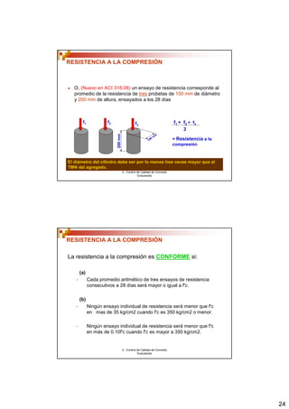 24 
RESISTENCIA A LA COMPRESIÓN 
● O, (Nuevo en ACI 318.08) un ensayo de resistencia corresponde al 
promedio de la resistencia de tres probetas de 100 mm de diámetro 
y 200 mm de altura, ensayados a los 28 días 
f2 f3 f1 + f2 + f3 
100 mm 
3.- Control de Calidad de Concreto 
Endurecido 
200 mm 
3 
= Resistencia a la 
compresión 
f1 
El diámetro del cilindro debe ser por lo menos tres veces mayor que el 
TMN del agregado. 
RESISTENCIA A LA COMPRESIÓN 
La resistencia a la compresión es CONFORME si: 
(a) 
• Cada promedio aritmético de tres ensayos de resistencia 
consecutivos a 28 días será mayor o igual a f'c. 
(b) 
• Ningún ensayo individual de resistencia será menor que f'c 
en mas de 35 kg/cm2 cuando f'c es 350 kg/cm2 o menor. 
• Ningún ensayo individual de resistencia será menor que f'c 
en más de 0.10f'c cuando f'c es mayor a 350 kg/cm2. 
3.- Control de Calidad de Concreto 
Endurecido 
 