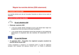 Réguler les marchés dérivés (CDS notamment)

La situation avant le G20

Les marchés dérivés sont nés de l’innovation financière en dehors de tout cadre de
régulation.

L’action du G20 et ses résultats


             Ce qu’a décidé le G20
 Pittsburgh, septembre 2009

      « Tous les contrats dérivés échangés de gré à gré doivent faire l’objet d’un
       enregistrement dans des bases de données centralisées »

      « Les contrats dérivés standardisés doivent être échangés sur des plateformes
       électroniques et compensés dans des chambres de compensation d’ici fin
       2012 »


             Ce que fait l’Europe

 15 septembre 2010 – Proposition d’un règlement européen encadrant les
  marchés dérivés de gré à gré

L’Union européenne a proposé le 15 septembre 2010 un projet de règlement
européen dont l’adoption est attendue courant 2011. La France a activement




                                                             2
 
