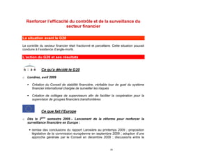 Renforcer l’efficacité du contrôle et de la surveillance du
                       secteur financier

La situation avant le G20
Le contrôle du secteur financier était fractionné et parcellaire. Cette situation pouvait
conduire à l’existence d’angle-morts.

L’action du G20 et ses résultats


               Ce qu’a décidé le G20

o Londres, avril 2009

        Création du Conseil de stabilité financière, véritable tour de guet du système
         financier international chargée de surveiller les risques

        Création de collèges de superviseurs afin de faciliter la coopération pour la
         supervision de groupes financiers transfrontières


               Ce que fait l’Europe
o Dès le 2ème semestre 2009 – Lancement de la réforme pour renforcer la
  surveillance financière en Europe :

        remise des conclusions du rapport Larosière au printemps 2009 ; proposition
         législative de la commission européenne en septembre 2009 ; adoption d’une
         approche générale par le Conseil en décembre 2009 ; discussions entre le


                                                                29
 