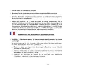 o mise en place de taxes sur les banques.

 Novembre 2010 – Réforme des autorités européennes de supervision

o   Création d’autorités européennes de supervision (autorité bancaire européenne,
    autorité de marché européenne) ;

o   Parmi ces instances, le « Conseil européen du risque systémique » vise à
    prévenir le déclenchement de crise systémique en identifiant et en corrigeant le
    plus en amont possible les comportements générant un risque systémiques (bulle
    immobilières, développement de produits financiers complexes…). Le CERS sera
    en mesures d’adresser des recommandations aux États membres, aux nouvelles
    agences européennes de supervision et aux superviseurs nationaux.


             Mise en œuvre des décisions du G20 au niveau national


 Avril 2010 – Remise du rapport de Jean-François Lepetit consacré au risque
  systémique
    Le rapport recommande trois principales pistes pour prévenir le risque systémique
    ou limiter la propagation d’une crise systémique :
    o Mettre en place une supervision systémique efficace au niveau national,
      européen et international ;
    o Instaurer une taxation du secteur financier coordonnée au niveau international
      et ciblée sur les comportements à risque ;
    o Améliorer les dispositifs de gestion et de résolution des défaillances
      d’institutions financières, notamment transfrontières ;




                                                              39
 