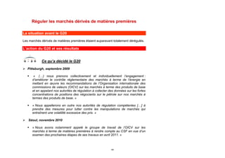Réguler les marchés dérivés de matières premières

La situation avant le G20

Les marchés dérivés de matières premières étaient auparavant totalement dérégulés.

L’action du G20 et ses résultats


             Ce qu’a décidé le G20

 Pittsburgh, septembre 2009

       « (…) nous prenons collectivement et individuellement l’engagement :
       d’améliorer le contrôle réglementaire des marchés à terme de l’énergie en
       mettant en œuvre les recommandations de l’Organisation internationale des
       commissions de valeurs (OICV) sur les marchés à terme des produits de base
       et en appelant nos autorités de régulation à collecter des données sur les fortes
       concentrations de positions des négociants sur le pétrole sur nos marchés à
       termes des produits de base. »

      « Nous appellerons en outre nos autorités de régulation compétentes […] à
       prendre des mesures pour lutter contre les manipulations de marchés qui
       entraînent une volatilité excessive des prix. »

 Séoul, novembre 2010

      « Nous avons notamment appelé le groupe de travail de l’OICV sur les
       marchés à terme de matières premières à rendre compte au CSF en vue d’un
       examen des prochaines étapes de ses travaux en avril 2011. »



                                                               44
 