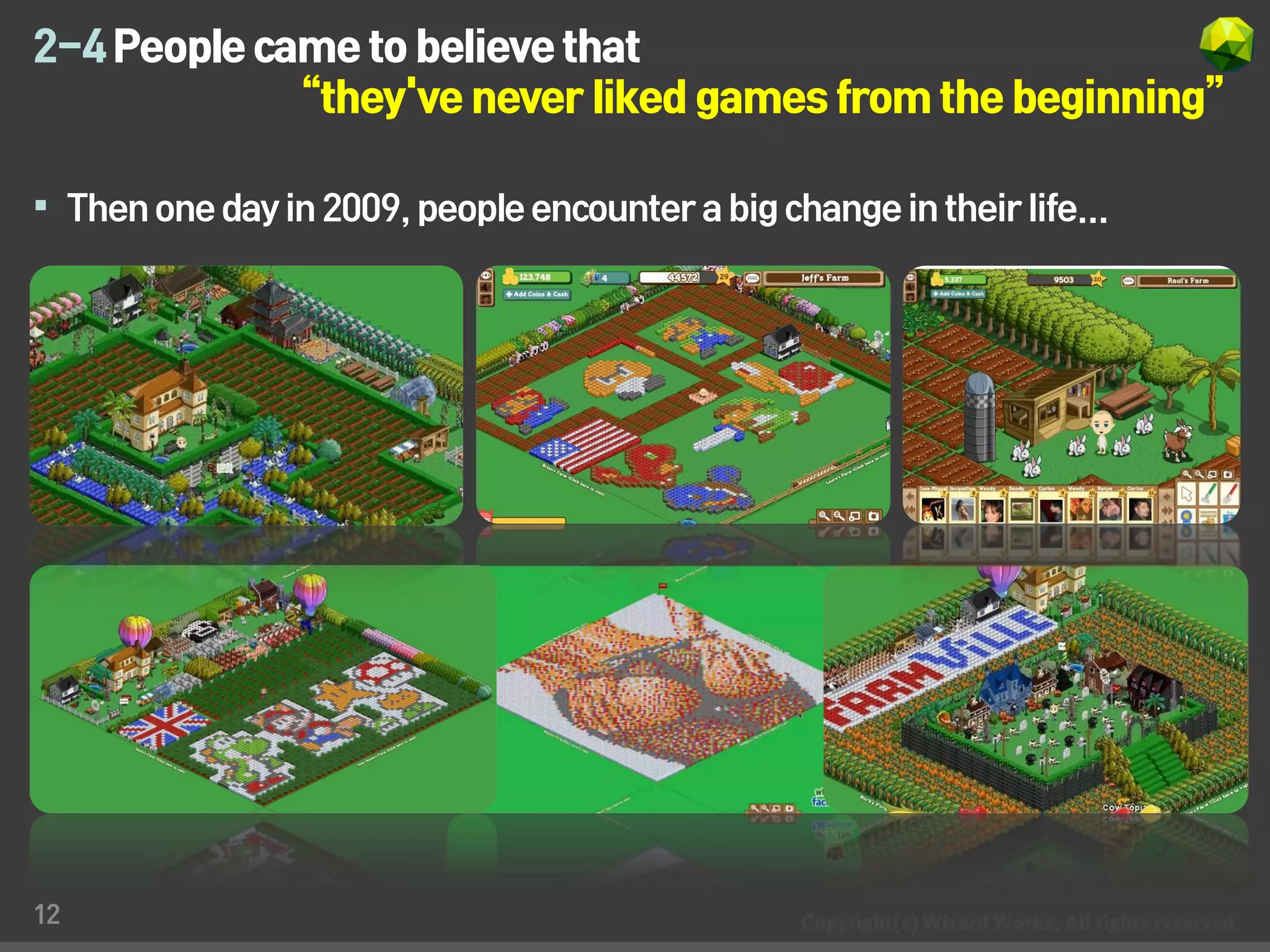 2-4 People came to believe that
            “they've never liked games from the beginning”

 Then one day in 2009, people encounter a big change in their life...




12
 