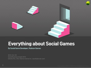 Everything about Social Games
    By Social Game Developer, Rubicon Games


    2010 / 06 / 03
    Social Business Insight 2010
    Charles Pyo, CEO, Rubicon Games Inc. (pyo@playrubi.com)




1
 
