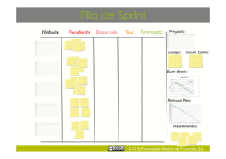 Pila de Sprint
Historia   Pendiente   Desarrollo   Test   Terminado        Proyecto:




                                                            Equipo:     Scrum, Demo:




                                                           Burn-down::




                                                           Release Plan:




                                                              Impedimentos:




                                     © 2010 Proyectalis Gestión de Proyectos S.L.
 