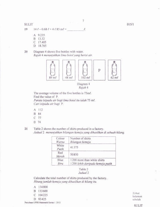 Soalan Percubaan UPSR 2012 Negeri Melaka Soalan Matematik 