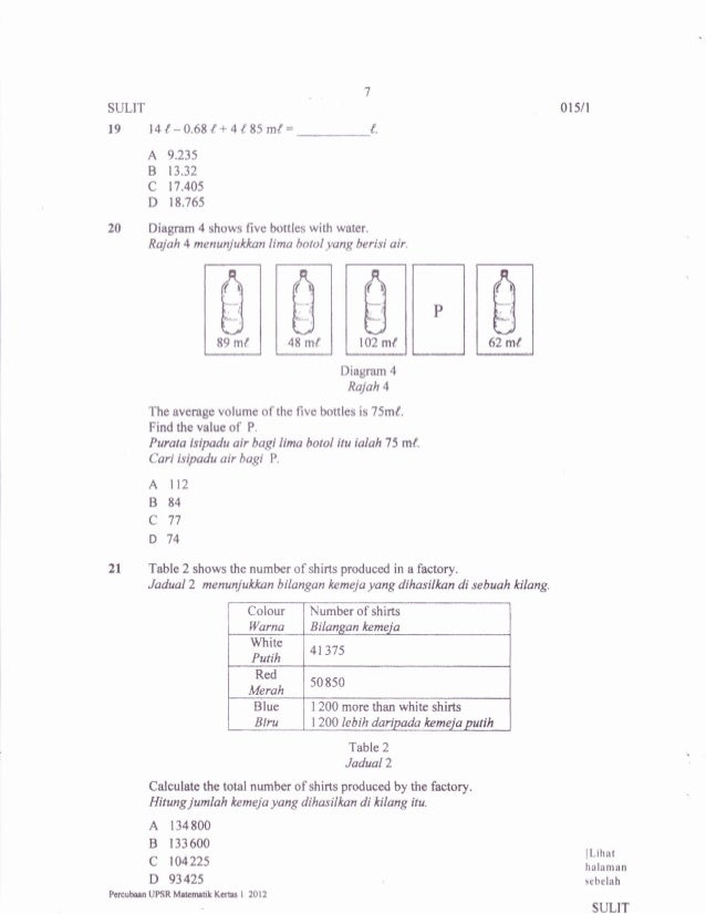 Soalan Percubaan UPSR 2012 Negeri Melaka Soalan Matematik Soalan Percubaan UPSR 2012 Negeri Melaka Soalan Matematik