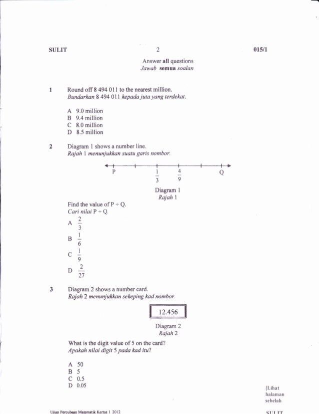 Soalan Percubaan UPSR 2012 Negeri Melaka Soalan Matematik 