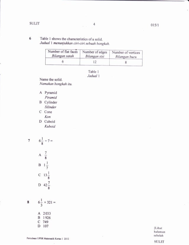 Soalan Percubaan UPSR 2012 Negeri Melaka Soalan Matematik 