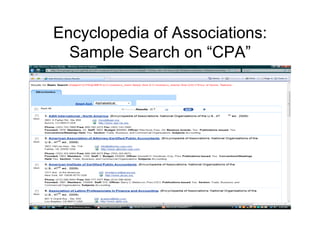 Encyclopedia of Associations:
  Sample Search on “CPA”
 