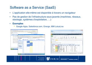 Software as a Service (SaaS)
•  L’application elle-même est disponible à travers un navigateur
•  Pas de gestion de l’infrastructure sous-jacente (machines, réseaux,
   stockage, systèmes d’exploitation, …)
•  Exemples
    •    Google Apps, Salesforce.com, Orange, IBM LotusLive
 